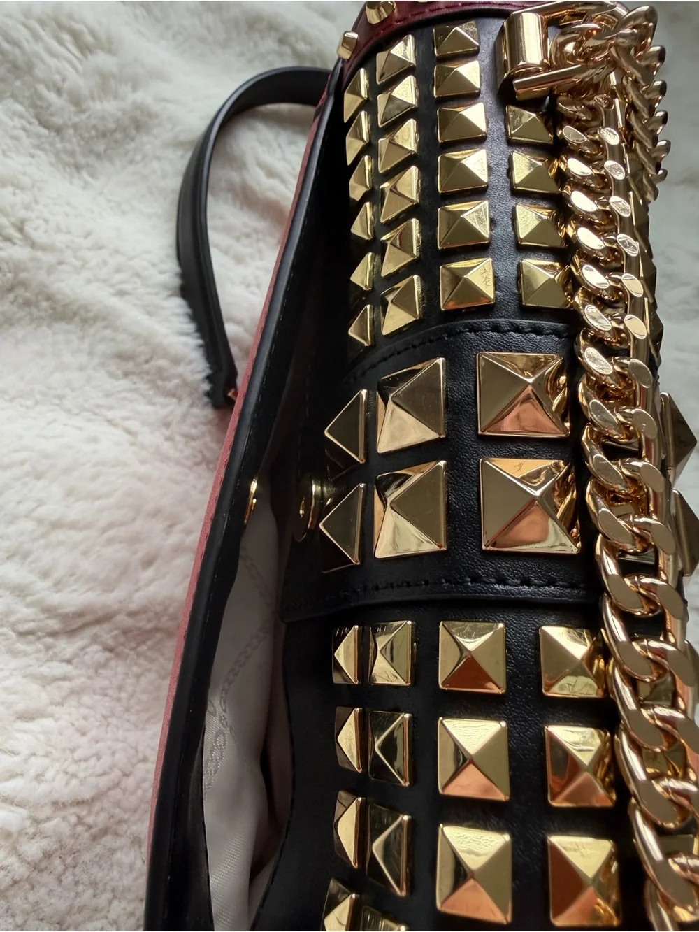 Michael Kors Whitney Studded Chain Strap Shoulder Bag - Red Burgundy Black